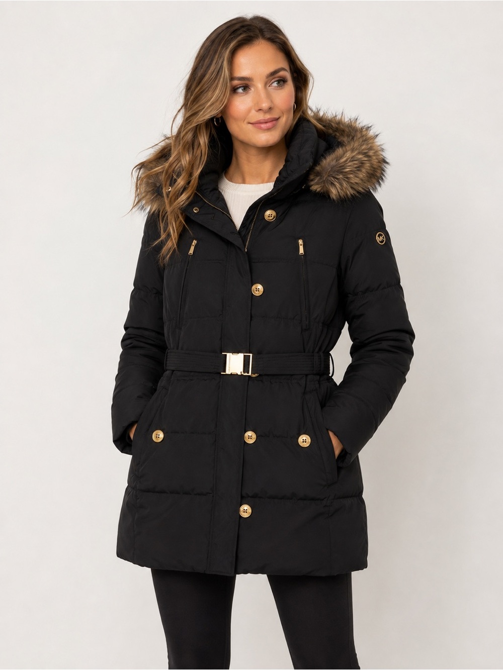 Michael Kors Black Down Puffer Coat Faux Fur Hood Belted Gold Hardware XL
